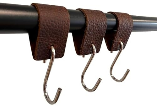 RSR Hangers - Kleiderhaken - Leder - Braun - 12 Stück - S Haken - Fleischerhaken - Kleiderstange - Garderobenstange - Garderobenhaken - Lederhaken