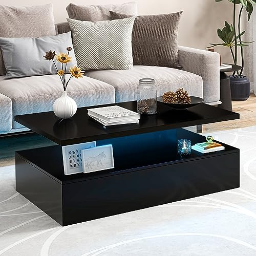 GOPLUS Mesa de Centro Con Luces LED, 2 Niveles, 19 Modos, 20 Colores, 8 Velocidades y Brillos Ajustables, Mando a Distancia, Rectangular, 110 x 60 x 40 cm (Negro)