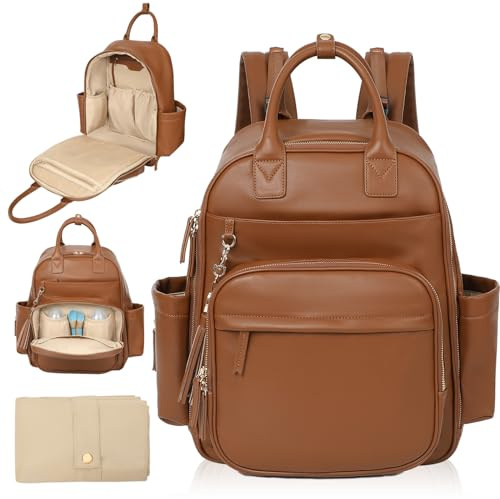Omanmoli Wickeltaschen-Rucksack, Leder-Babytasche mit 16 Taschen, großer Reise-Wickelrucksack, Baby-Organizer, 4 isolierte Taschen, Wickelunterlage, Braun