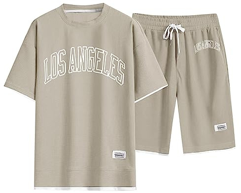 Männer Leicht Freizeitanzug Kurze Hose Bequeme Baggy Anzüge Sommer Kurzärmelig Freizeit Sportanzug T-Shirt Shorts Bedruck Komfort Herren Lässig 2-Teilig Kurz Lockere Hausanzug Im Haus (Beige, XL)