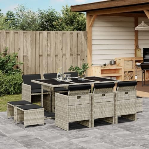 Homgoday 11-TLG. Garten-Essgruppe mit Kissen Sitzgruppe Gartenmöbel Set Balkonmöbel Gartentisch mit Stuhl Gartenstühle Sitzgarnitur Gartenset Gartengarnitur Hellgrau Poly Rattan