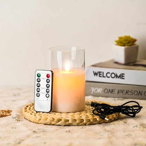 FiiMoo Wiederaufladbar LED Kerzen, Aufladbare Kerzen, Batteriebetriebene Kerzen, Flammenlose Kerzen mit Fernbedienung, Elektrische Echtwachskerzen im Glas, Festliche Flammenlose Kerzen, Weiß-12.5cm