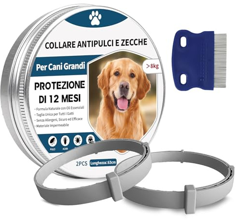 2 Pezzi Antiparassitario Per Cani,Collare Antipulci per Cane,Realizzato Con Oli Essenziali Naturali, Sicuro ed Efficace, Universale per Cani e Gatti,Protegge per 12 Mesi (cani di grossa taglia)