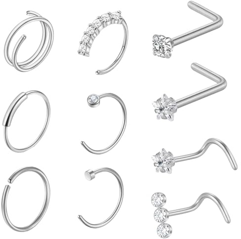jagosen Titanium Nose Ring Stud 10pcs 20g Diamond Double Nose Septum Rings Hoop Hypoallergenic Corkscrew L Shape Lip Ring Nose Piercing Jewellery For Women Men