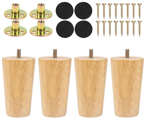 Luabue 4 Pack Wooden Sofa Legs 10cm Bed Legs 4 inch Ottoman Legs, Solid Rubber Wood Straight Cone Furniture Legs Cabinet Feet Replacement with Non-Slip Floor Protection Pads & Screws