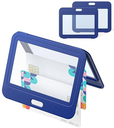 Uniclife 3 Pack ID Badge Holder with Double-Sided Windows Horizontal Hard Plastic Case Blue Card Protector Pouch for Office School ID Credit Cards Proximity Key Cards Driver’s Licenses and Passes