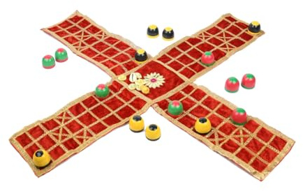 Pachisi - Cloth Board with Beehive Pieces and Cowry Shells (Gold Stitching)