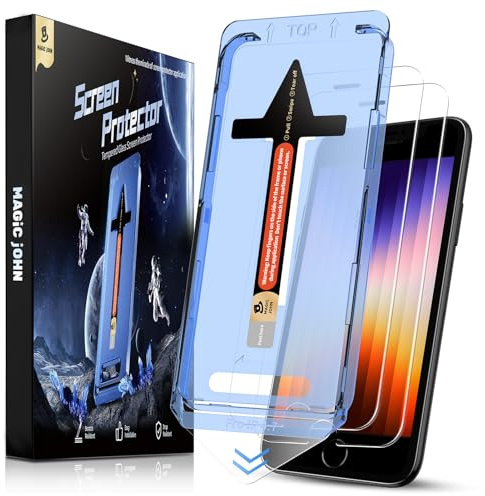 MAGIC JOHN 2 Pack for iPhone SE 2022/SE 2020/8/7/6/6s Screen Protector | 9H Hardness Tempered Glass, Easy Installation Kit, Bubble Free, 1:1 Full Coverage, HD Clear, Scratch Resistance