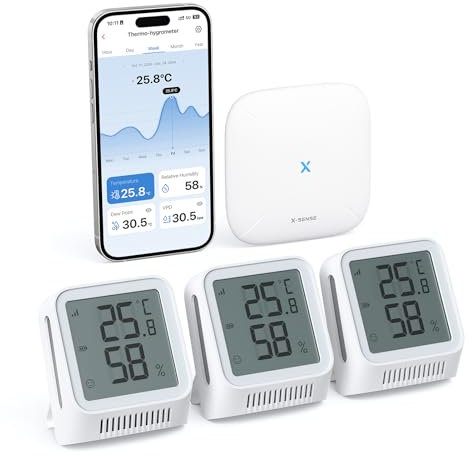 X-sense termometro digitale igrometro interno, mini termometro Wi-Fi con App, gamma di comfort personalizzata, indicatore smiley, 3 Sensori e 1 Stazione Base SBS50, STH0A31
