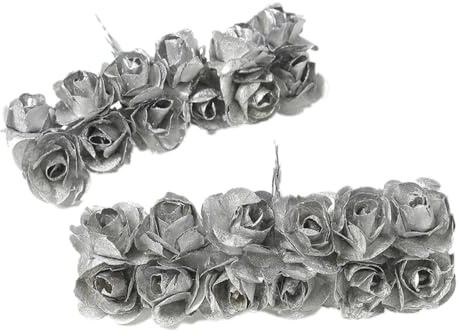 Anevous 12 Stück Künstliche Rosen Papier, Kunstrosen Köpfe, Mini Rose Papierblume, Rosenblüte Klein mit Stiel zum Basteln, Miniblumen Dekoration für DIY Party Hochzeit Brautstrauß Dekor,Silber