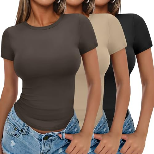 Ekouaer Womens 1&3 Pack T-Shirt Short Sleeve Basic Tops Fitted Crew Neck | Slim Fit, Aesthetic Streetwear, flattering&stretchy, Summer Crop Top, wardrobe staples, Ideal for layering XS-2XL