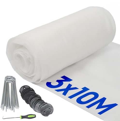 Harbour Housewares 50gsm Unkrautvlies Set mit Heringen & Platten - 3M x 10M (3 Rollen) - Schwarz - Unkrautmembran Barriere Bodendecker für Garten, Terrassen, Blumenbeete, Früchte & Gemüse