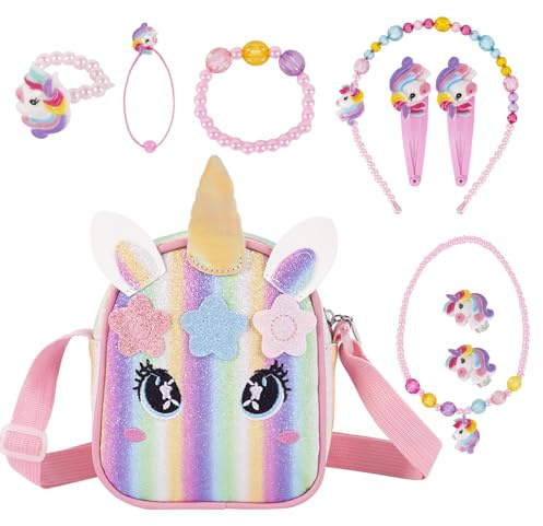 Einhorn Handtasche Schmuckset PU Leder, Umhängetasche mit Haarband Kette Armband Ring, Rollenspiel Geburtstagsgeschenk für Mädchen 3-7 Jahre
