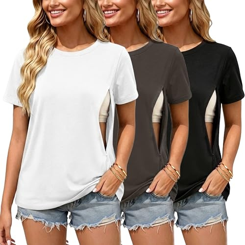 Love2Mi Confezione da 3 magliette per allattamento con cerniera nascosta, bianco, antracite, nero, M