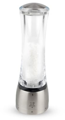 PEUGEOT - Salzmühle Daman u‘Select 21 cm - 6 voreingestellte Mahlgrade - Innovatives Zirlion-Mahlwerk für pulverfeines Salz - Aus Edelstahl und Acryl - Französisches Know-how