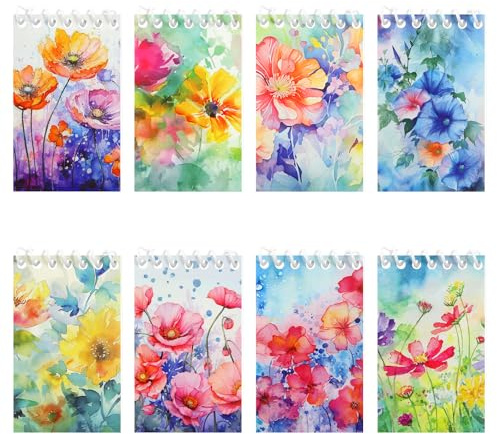 Lot de 8 carnets à spirales florales, peinture à l'encre chinoise, fleurs sauvages, petit bloc-notes de poche, carnet à spirales, couverture rigide pour maison, bureau, papeterie, fête, salle de