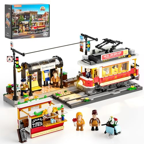 Lumibricks Heritage-Straßenbahn und -Haltestelle Bausatz mit Licht, Vintage-Dekor,kompatibel mit Modular Buildings,1274Pcs,Alter 16+, L9084