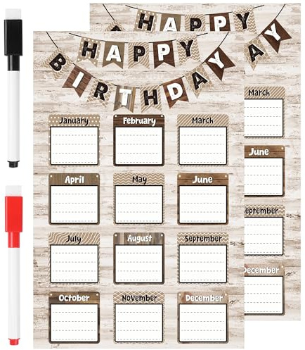 MENIFEND Birthday Chart Poster for Classroom: 2 Pcs Rustic Vintage Happy Birthday Calendar Reusable Laminated, Class Wall Bulletin Board Decorations for Teaching Back to School Supplies