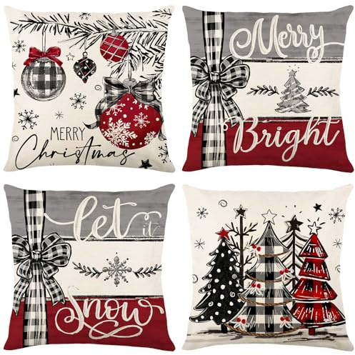 4er Set Kissenhülle Weihnachten, Rot Grau Kissenbezug Weihnachten 45x45cm mit Schleife, Weihnachtsbaum und Weihnachtsglocken, Leinen Weihnachtskissen für Christmas Decorations, Deko Wohnzimmer Sofa