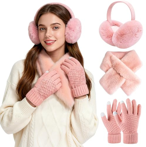 Bryndo Winter Scarf and Gloves Set for Women, Warm Fluffy Ear Muffs Thermal Warm Plush Scarf Touch Screen Gloves 3 in 1 Cold Weather Set for Winter Gifts Skiing Outdoor Sports