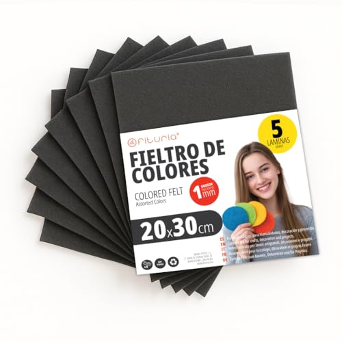 OFITURIA Bastelfilz für DIY-Projekte, Bunte Filzstoffe für Patchwork, Nähen, Schule, Kunst und Dekoration 20x30cm (Schwarz, 5 Stk)