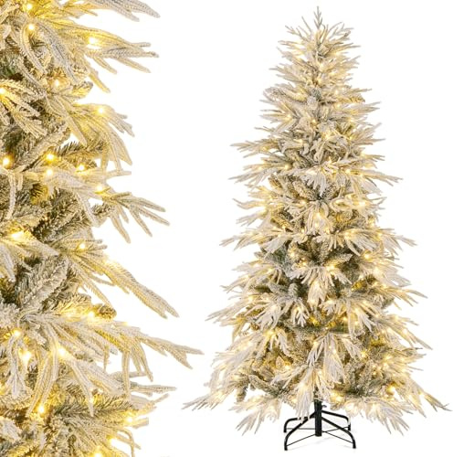 COSTWAY 180 cm Künstlicher Weihnachtsbaum mit Beleuchtung und Schnee, Tannenbaum mit 250 warmweißen LED-Lichtern & 594 Zweigspitzen, Christbaum, Kunstbaum Weihnachten für Zuhause