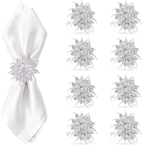 Halatool 8 Set Silver Lotus Flower Napkin Rings, Elegant Rhinestone Napkin Ring Serviette Buckles Holder for Wedding Birthday Christmas Holiday Party Home Kitchen Dinner Table Decoration