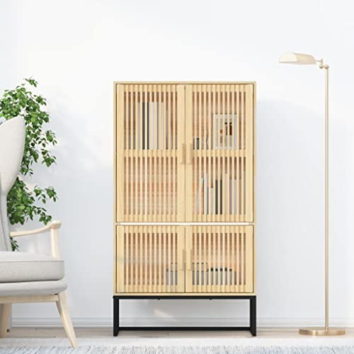 Aparador Alto de Madera con Puertas de Pino y Estructura de Hierro, Armario de Almacenaje Elegante con Estilo Escandinavo y Diseño Minimalista para