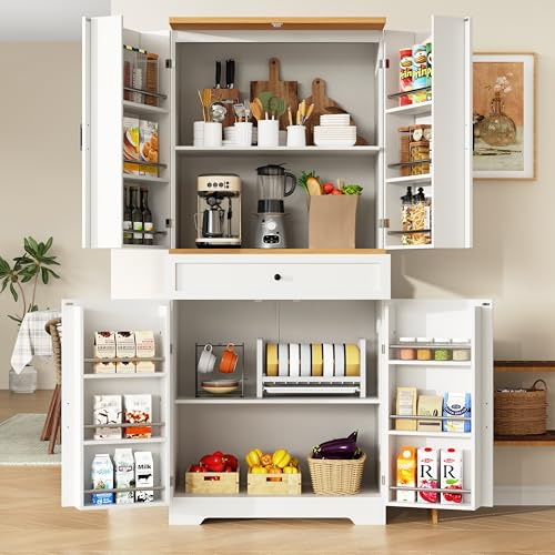 Merax Tall Kitchen Sideboard Cabinet Snack Cabinet with Storage,80x40x180cm with Doors & Drawers, White Kitchen Pantry Cupboard with Shelves for Dining Room & Living Room