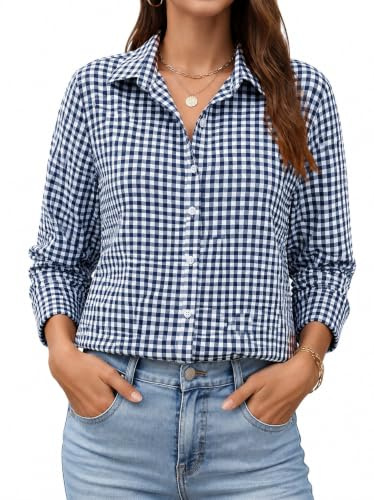Rapbin Chemisier à manches longues, pour femme, couleur unie, élégant, rayé, décontracté, tenue d'affaires, ample, en coton