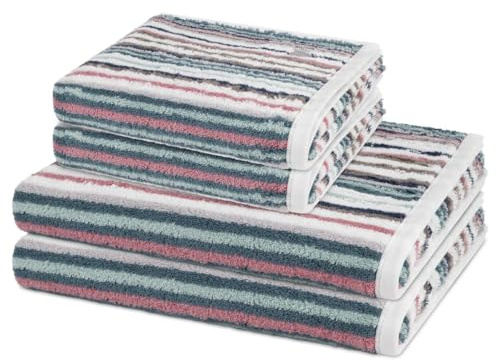 Ross 4er Set Vita Handtücher & Duschtücher – Garngefärbter Walkfrottee 520 g/m², 100% Baumwolle – Weich, Saugstark & Pflegeleicht mit Kordelaufhänger und Markenlogo - Dunkelgrün/blau