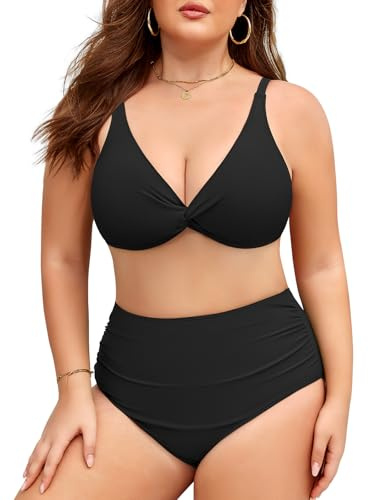 Vijamiy Costume Donna Due Pezzi Taglie Forti Vita Alta Costumi da Bagno Curvy Controllo Addominale Sexy Scollo a V Push Up Bikini L-4XL (Nero,L)