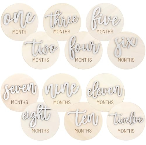 6 PCS Baby Monthly Milestone Cards, Double Sided Wooden 3D Milestone Cards Signs for Photos Announcement Sign 1-12 Months Photography Photo Newborn Keepsake Gift(White)