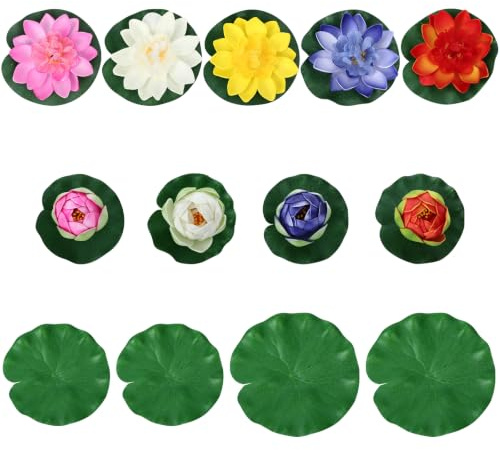 Lot de 9 nénuphars artificiels avec 4 feuilles de lotus, nénuphars artificiels, fleurs de lotus, décoration de bassin, plantes artificielles pour aquarium, terrasse, jardin, bassin