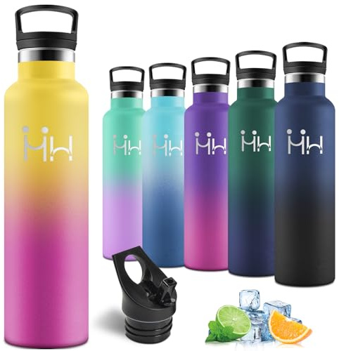 Motswedi Gourde Isotherme 1l, avec Paille, Bouteille Isotherme, Réutilisable, Gourde INOX 1l, Thermos, Acier Inoxydable, Bouteille d'eau pour Sport, Voyage, Randonnée, Outdoor, Jaune/Rose Rouge