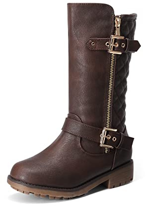 DREAM PAIRS Girls Faux Fur Lining Knee High Winter Motorcycle Riding Boots Toddler/Little Kid/Big Kid,Size 1 Little Kid,Brown,KNICE