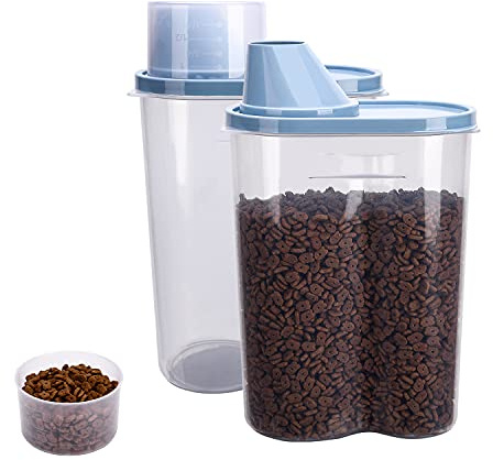 GreenJoy 2 Pack 2lb/2.5L Pet Food Storage Container with Measuring Cup, Pour Spout for Small Dog Cat Bird Turtle, Waterproof Storage (Blue)