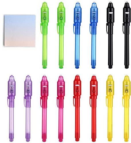 DazSpirit 14 Stück Geheimstift Notizbuch Partytüte Füller für Jungen und Mädchen, Zauberstift mit UV-Licht für Kinder, Unsichtbarer Stift Spy Pen zum Schreiben Geheimer Nachrichten