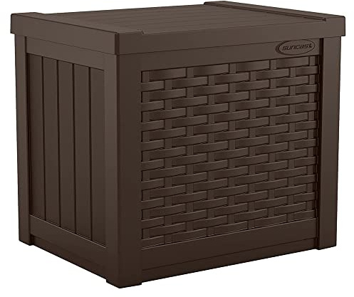 Suncast Small Outdoor Storage Box - 22 Gallon Java Resin Outdoor Deck Box, Flat-Lid Bench Seating, Patio Storage Bin Container for Organizing Tools, Cushions for Porch, Deck, Pool, & Garden