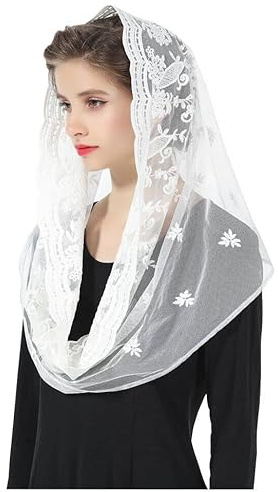 BEAUTELICATE Velo di Pizzo da Sposa Chiesa Religiosa Mantilla Infinito Sciarpa Copricapo Foulard Pizzo Cattolica per Matrimonio Messa In Latino Nero Bianco V103 (Bianco, Taglia Unica)
