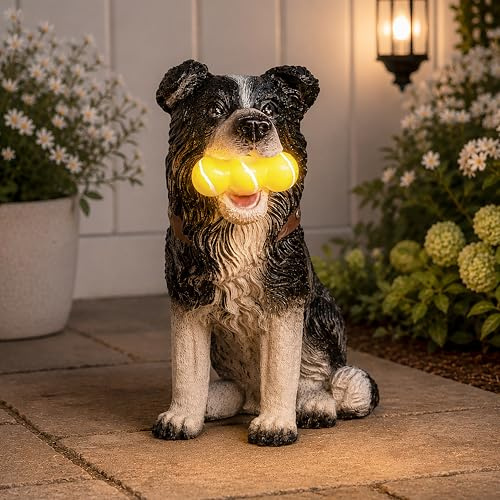 Garden Mile Solar Garten Hund Ornament Wasserdicht Harz Hund Statue mit Leuchtenden Bällen Figur Solarbetriebene Gartendekoration Welpenlicht für Draußen Terrasse