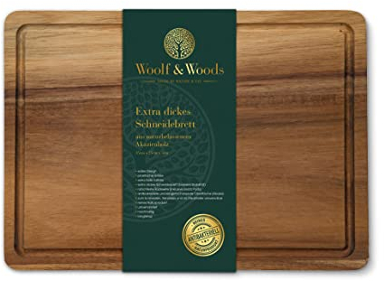 Woolf & Woods Tagliere in legno, extra spesso, prodotto naturale in acacacia, sostenibile, non trattato, tagliere da cucina e piatto da portata, 35 cm x 25 cm x 3 cm