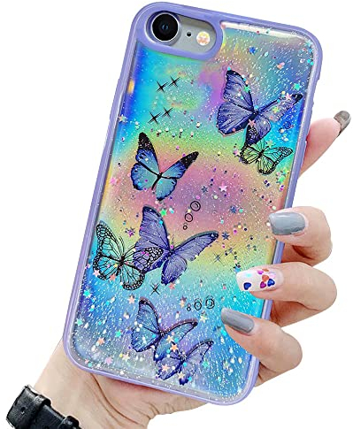 LCHULLE for iPhone 7 iPhone 8 iPhone SE 2020 Case Cute Girls Women Iridescent Butterfly Design Laser Bling Glitter Stars Soft TPU Bumper Protective Phone Case for iPhone 7/8/SE2020-Purple