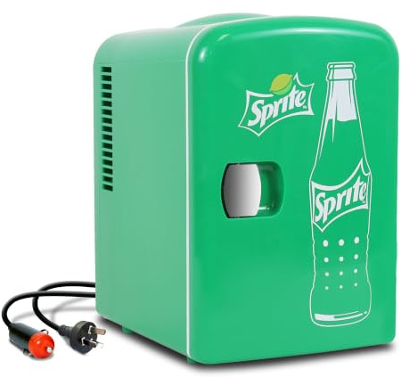Sprite Mini Fridge - Refrigerator for Bedroom Skincare Office, Portable Table Top Beverage Cooler, 12V DC/220V AC Refrigerador For Drinks, Soda, Wines, Use In Car, Dorm, Outdoor, Patio, 6 Can
