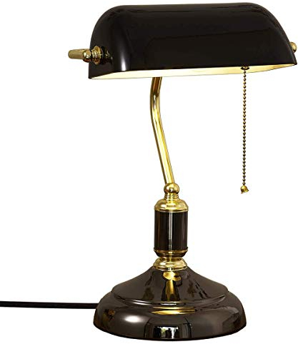 LANMOU Bankerlampe, Schreibtischlampe Retro mit Schwarz Glasschirm, Zugschalter, Bibliothekslampe, E27 Fassung, Messing Finish, Bürolampe für Homeoffice, Lesen & Ambiente, Dekolampe Retro