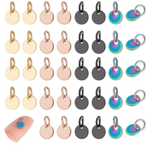 UNICRAFTALE 30 Stück 5 Farben Armband Anhänger Edelstahl 6mm Flache Runde Charms Mit Ring Metal Blank Stamping Tag für Halskette Ohrring DIY Making Craft