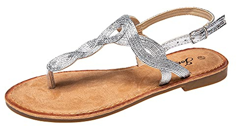 JOMIX Flache Sandalen Damen Große Größen Strass Bohemia Strandsandalen Römersandalen Sommerschuhe (Silber, 38 EU, SD2146)