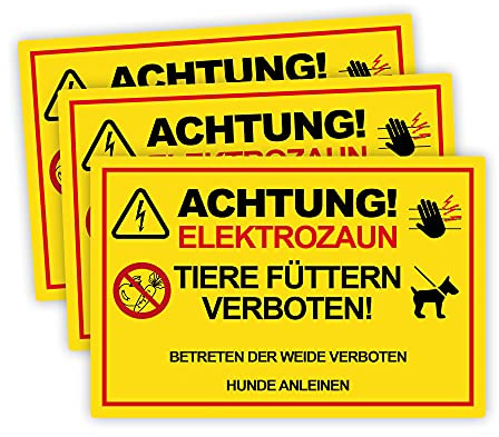 STROBO 3 Stück Achtung Elektrozaun! Tiere füttern und Betreten verboten! Hinweisschild | Stabile 3mm Hartschaumplatte als 30x20cm Schild mit UV-Schutz für den Außenbereich