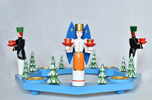 Lights Wreath Table Standing Blue with Angel And Miner for Tealights Wxd = 50x50cm New Advents Candle Candelabra Candlestick Wax Church Wood Christmas Seiffen Erzgebirge Deco Figures Decoration