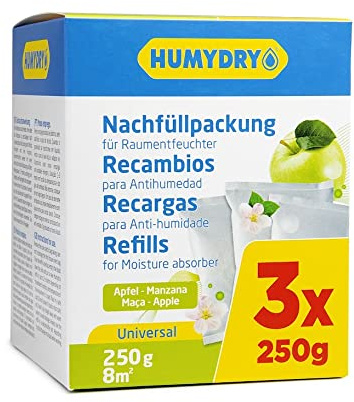 HUMYDRY - 3×250 g Anti-Feuchtigkeit-Nachfüllungen – Kontrolliert Feuchtigkeit und Gerüche – Kompatibel mit Humydry Compact 250 g – Für Räume bis 8 m² – Lavendel oder Apfel